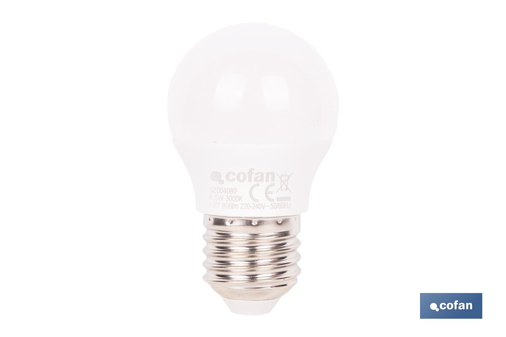 BOMBILLA LED ESFÉRICA E27 6.5 W 806 LM 3000 K