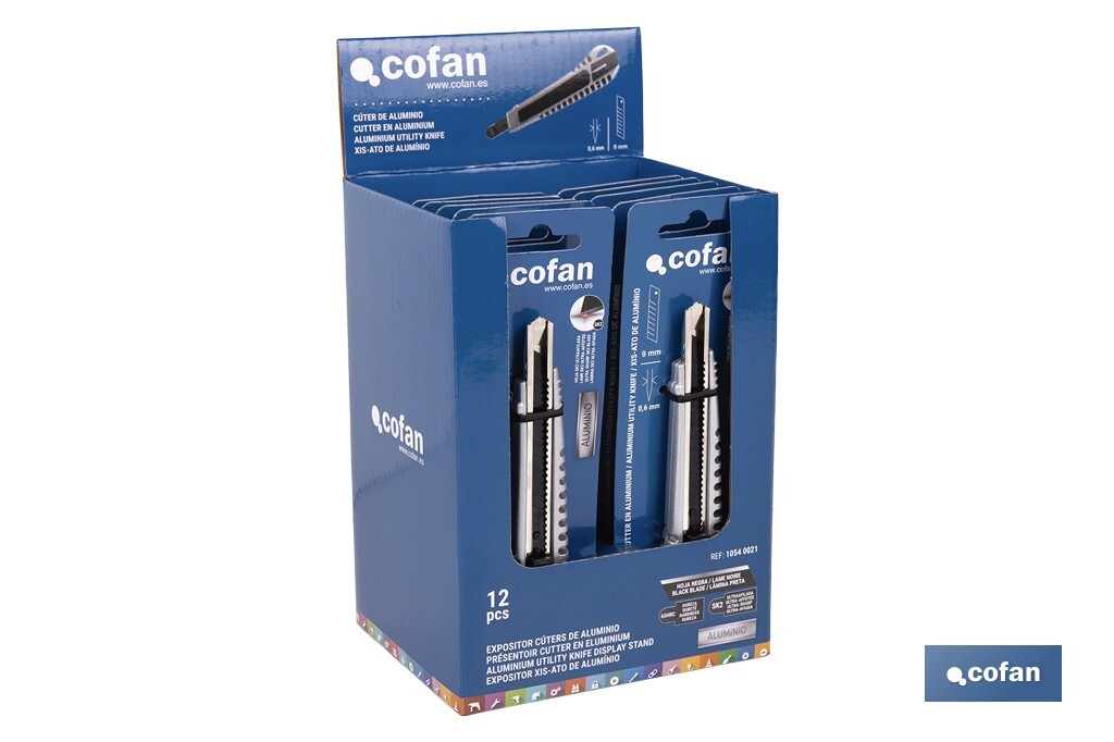 EXPOSITOR DE CÚTER DE ALUMINIO 9 MM 12 UDS. (PACK: 1 UDS)