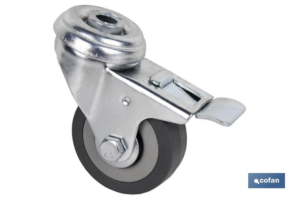 RUEDA DE GOMA GRIS CON AGUJERO PASANTE Y FRENO Ø50 X 18 MM Venta unitaria (PACK: 1 UDS)