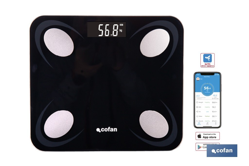 BÁSCULA DE BAÑO DIGITAL NEGRA CON PANTALLA LCD, USB Y MEDICIÓN IMC DE GRASA VISCERAL 30 X 26,5 X 2,2 CM (PACK: 1 UDS)