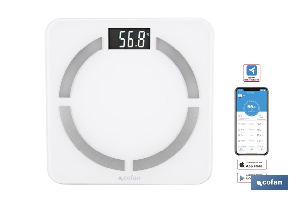 BÁSCULA DE BAÑO DIGITAL BLANCA CON PANTALLA LCD, USB Y MEDICIÓN IMC DE GRASA VISCERAL 30 X 30 X 2,2 CM (PACK: 1 UDS)