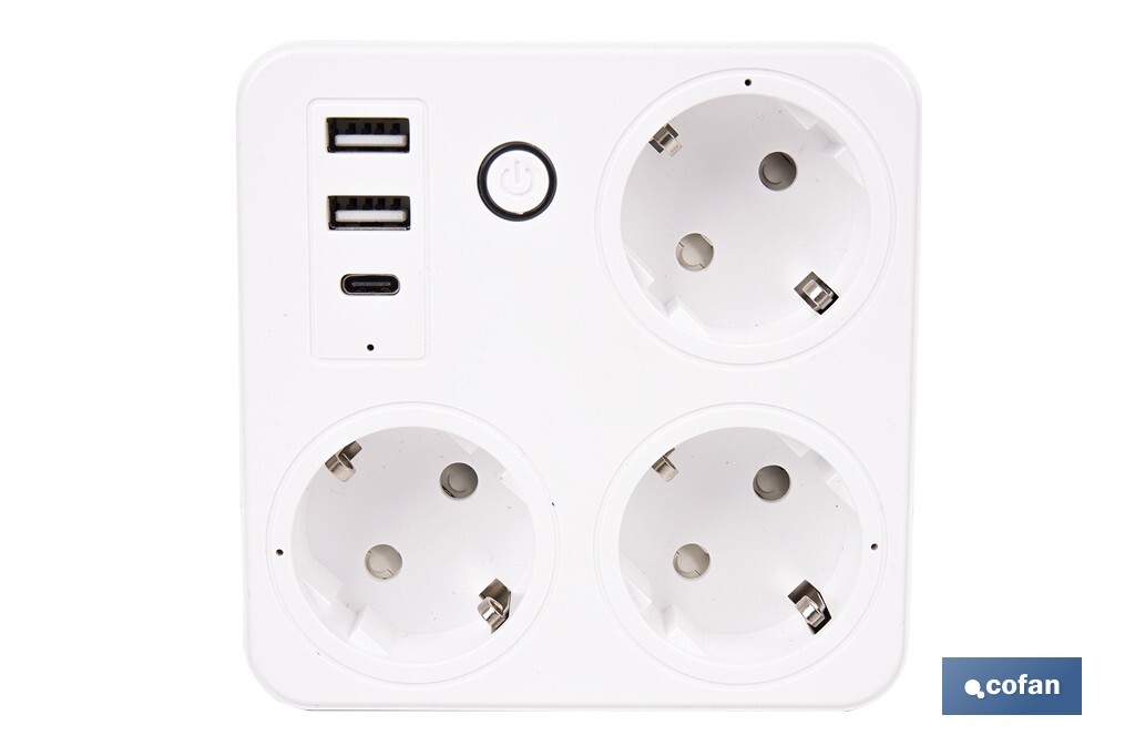 REGLETA INTELIGENTE CON 3 TOMAS Y 2 PUERTOS USB Y TIPO C (PACK: 1 UDS)