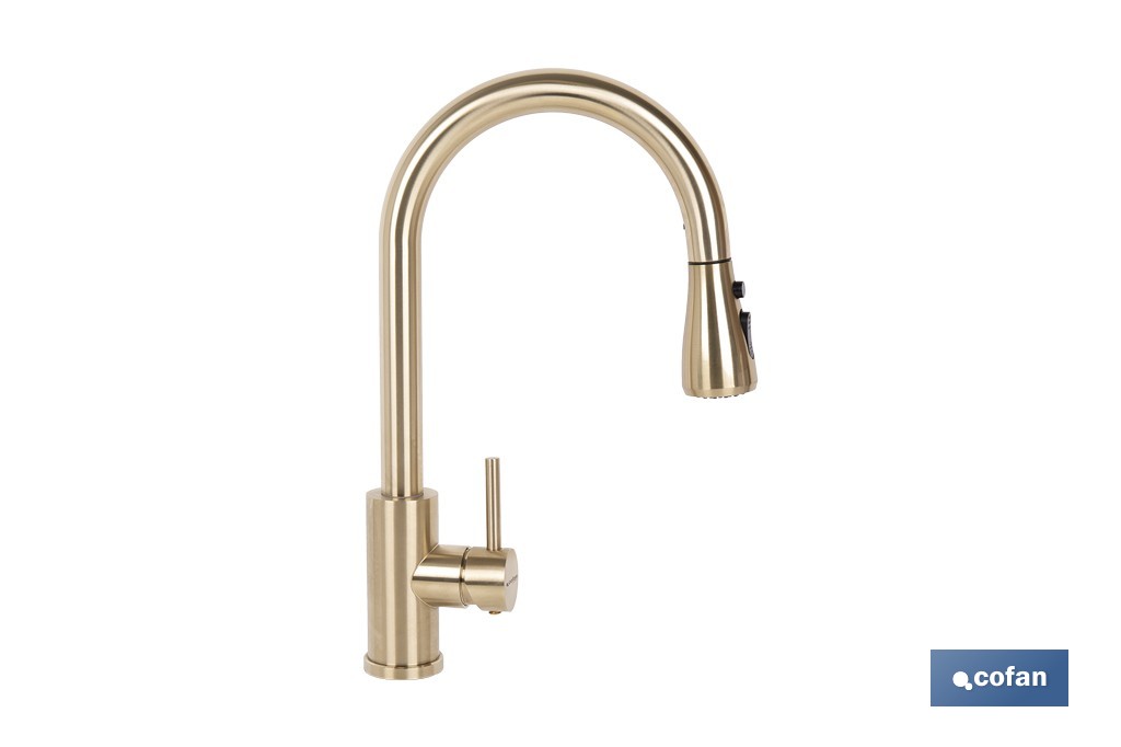 GRIFO DE COCINA DORADO DE ACERO CEPILLADO CON MANGUERA EXTENSIBLE Y 3 FUNCIONES 400 X 220 X 54 MM (PACK: 1 UDS)