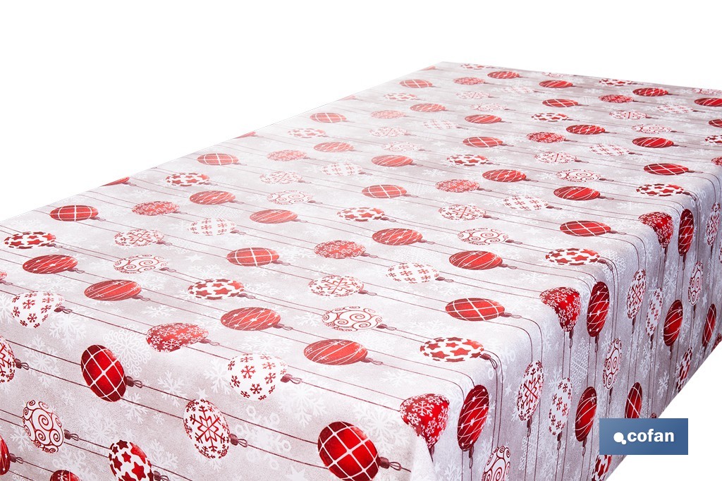 ROLLO DE MANTEL RESINADO ANTIMANCHAS BOLAS DE NAVIDAD 75% ALGODÓN 25% POLIÉSTER 1,40 X 15 M