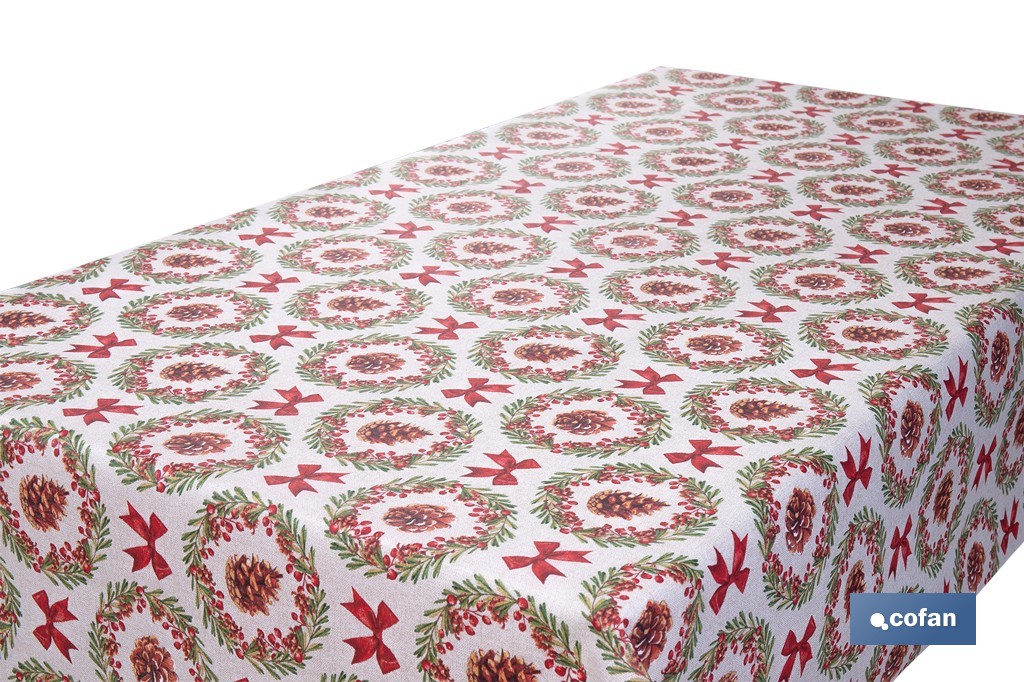 ROLLO DE MANTEL RESINADO ANTIMANCHAS LAZOS Y PIÑAS 75% ALGODÓN 25% POLIÉSTER 1,40 X 15 M (PACK: 1 UDS)