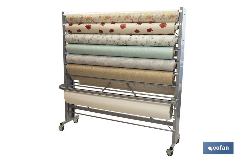 EXPOSITOR DE HULES Y MANTELES HORIZONTAL CON CORTADOR Y RUEDAS PARA 22 ROLLOS (PACK: 1 UDS)