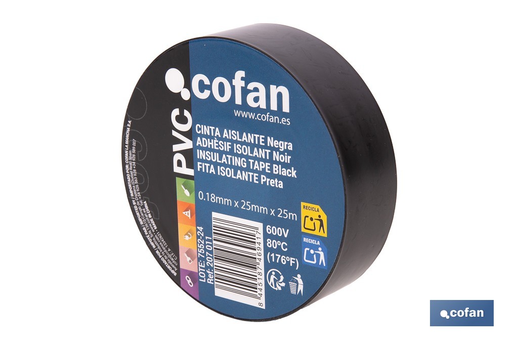 CINTA AISLANTE 180 MICRAS NEGRA 25 MM X 25 M (PACK: 8 UDS)