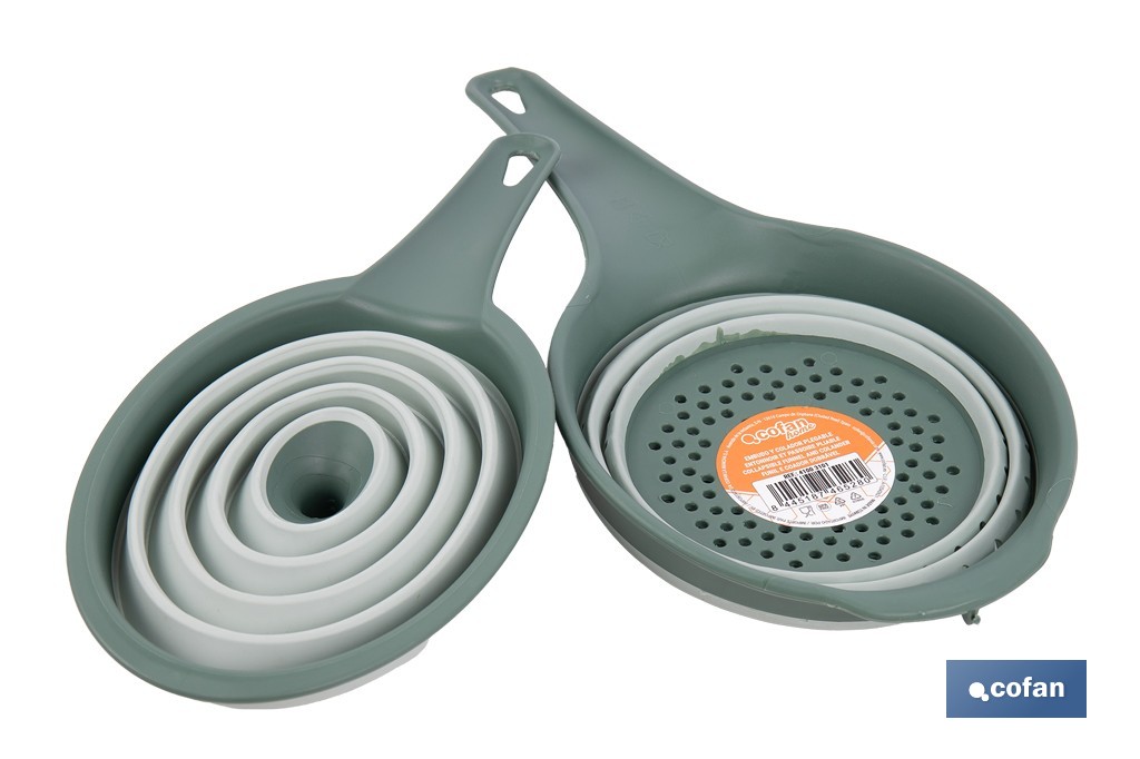 Pack de embudo y colador plegables con mango y capacidad para 0,6 litros | Color: verde | Ahorro de espacio y fácil almacenamie