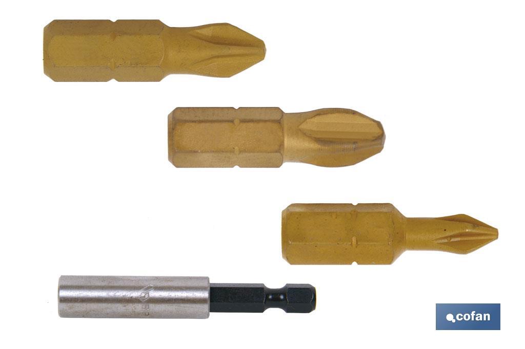 Kit de puntas de Titanio 1/4 PH para atornillar y adaptador | Contenido 3 puntas Phillips y un adaptador