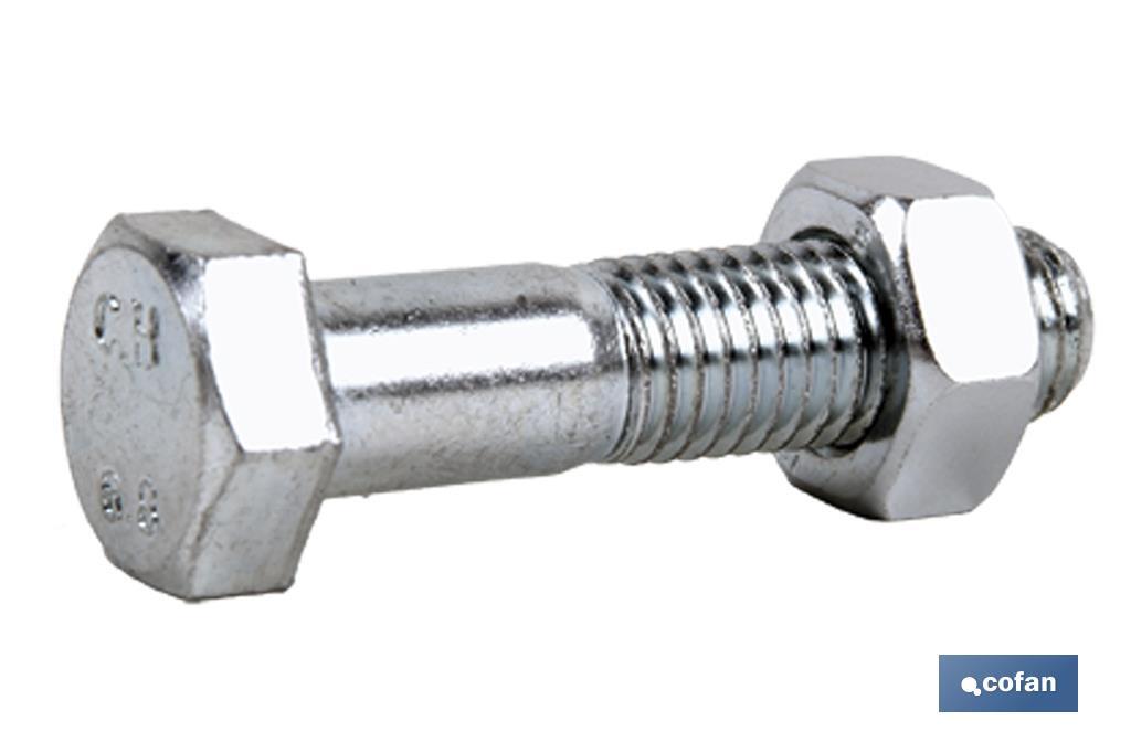 Tornillo con cabeza hexagonal + tuerca DIN-931/934 | Rosca parcial 1/2 | Clase BR Zincado | Medidas desde M-5 hasta M-24