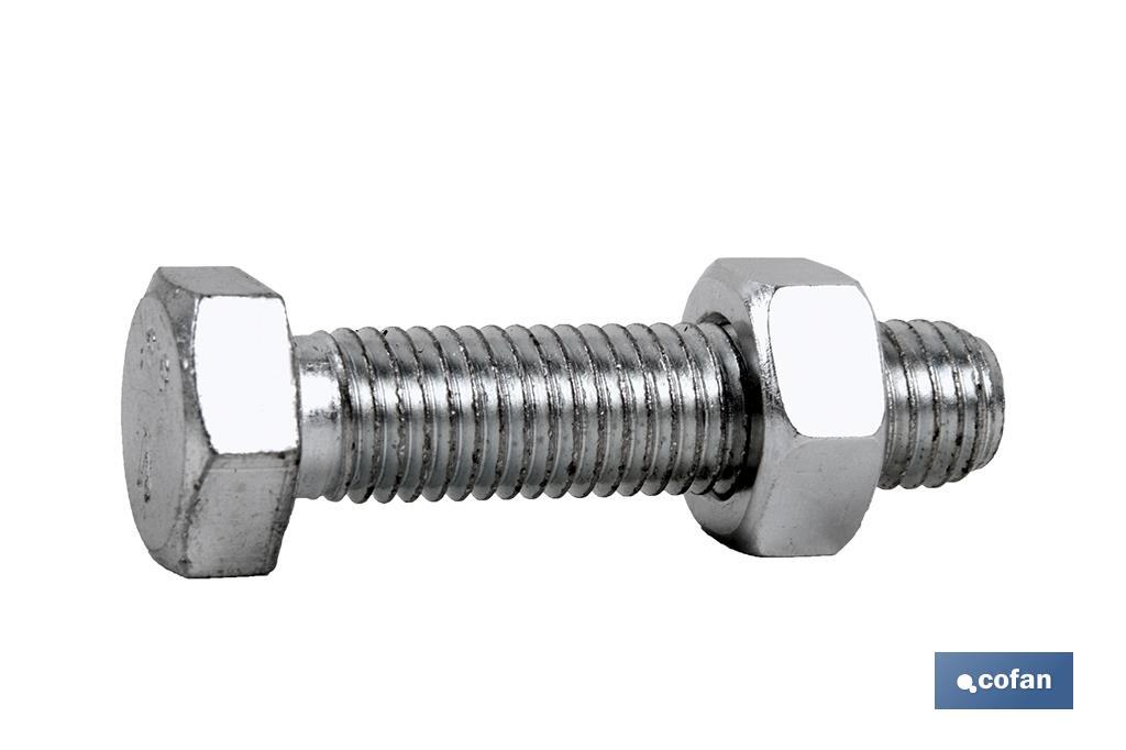 Tornillo con cabeza hexagonal + tuerca DIN-933/934 | Rosca total | Clase BR Zincado | Medidas desde M-4 hasta M-20