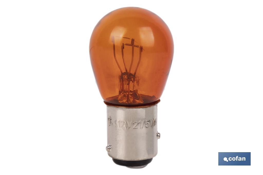 Lámpara de 2 polos descentrada 12 V | Casquillo de tipo BAZ15 | Bombilla P21/5W en color ámbar o naranja