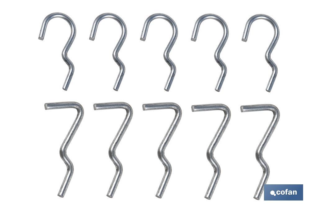 Set de 10 ganchos simples | Adecuado para panel de herramientas perforado | Varias medidas | Material: acero zincado