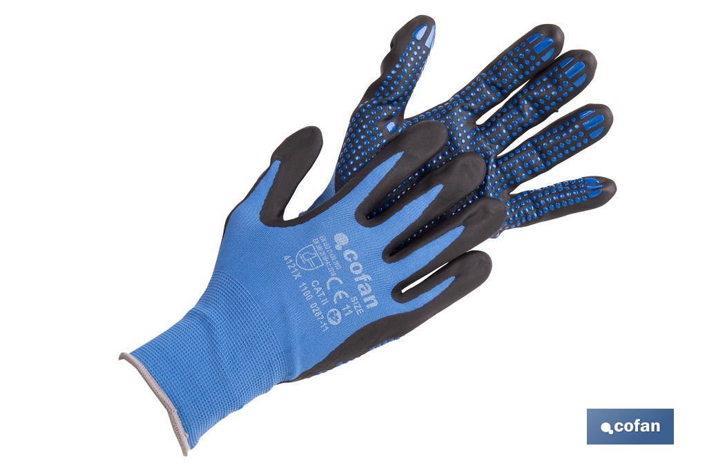 Guantes impregnados de nitrilo con puntos azules | EN 388-4121X | Alta destreza y comodidad | Disponibles desde la talla 6 hast