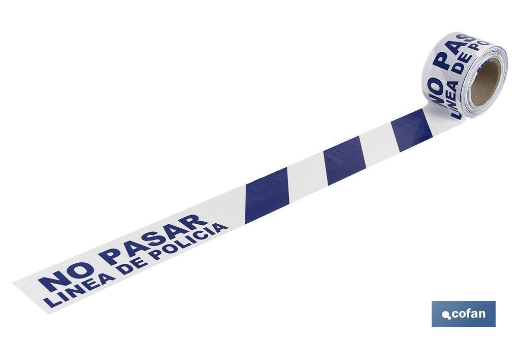 Cinta de balizamiento no adhesiva | Color azul y blanco | Texto: NO PASAR LÍNEA DE POLICíA | Medida: 80 mm | Longitud: 100 metr