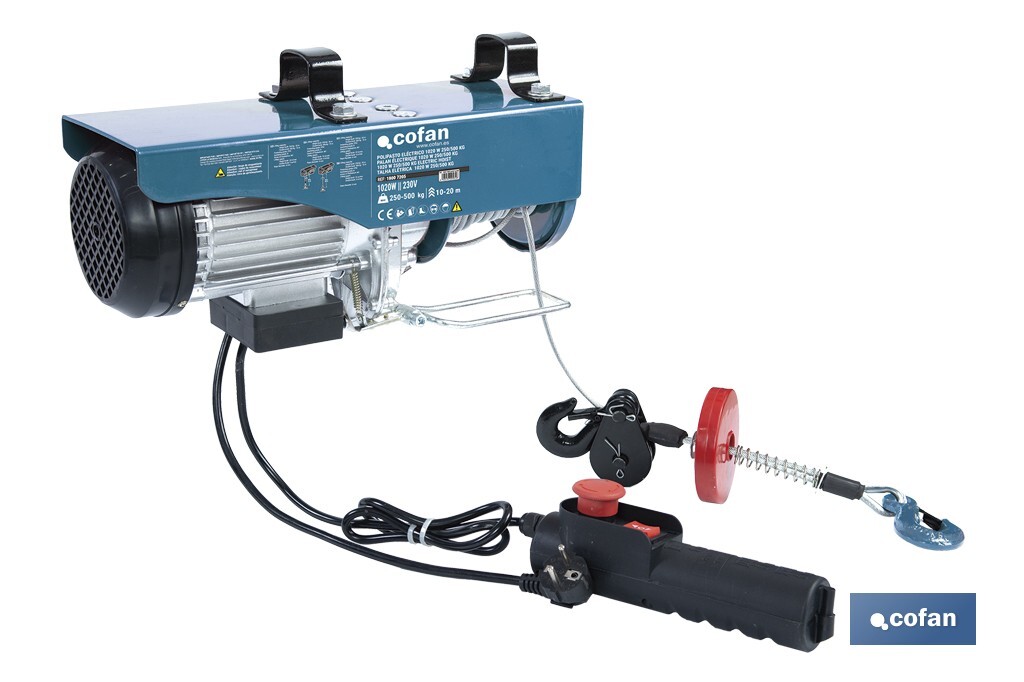 Polipasto eléctrico con parada de emergencia | Altura de elevación: 10/20 m | Protección IP54 | Incluye mando | Disponible en d