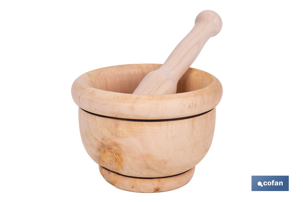 Mortero de madera de abedul con maza. Diámetro: Ø14 cm. Ideal para machacar alimentos