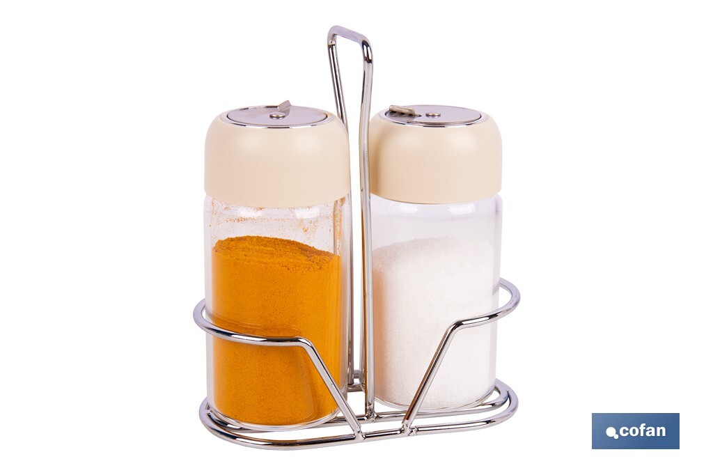 Set de salero y pimentero | Frascos de vidrio borosilicato | Soporte incluido | Tapas de color beige | Juego de 2 piezas | Capa