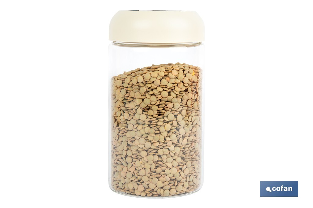Bote de cocina de vidrio borosilicato | Tapa beige | Cierre a presión | Capacidad: 1 litro | Almacenaje de alimentos | Medidas: