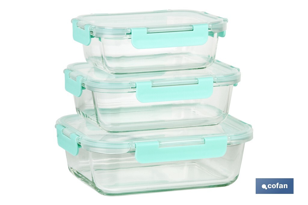 Set de 3 Fiambreras Rectangulares de Borosilicato | Modelo Agatha | Capacidad 640-1040-1520 ml