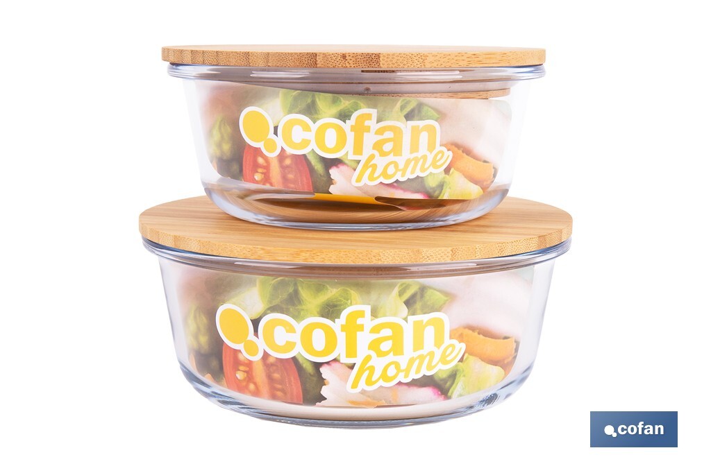 Set de 2 Fiambreras Redondas de Borosilicato | Modelo Bambú | Tapa de Bambú | Capacidad 620-950 ml