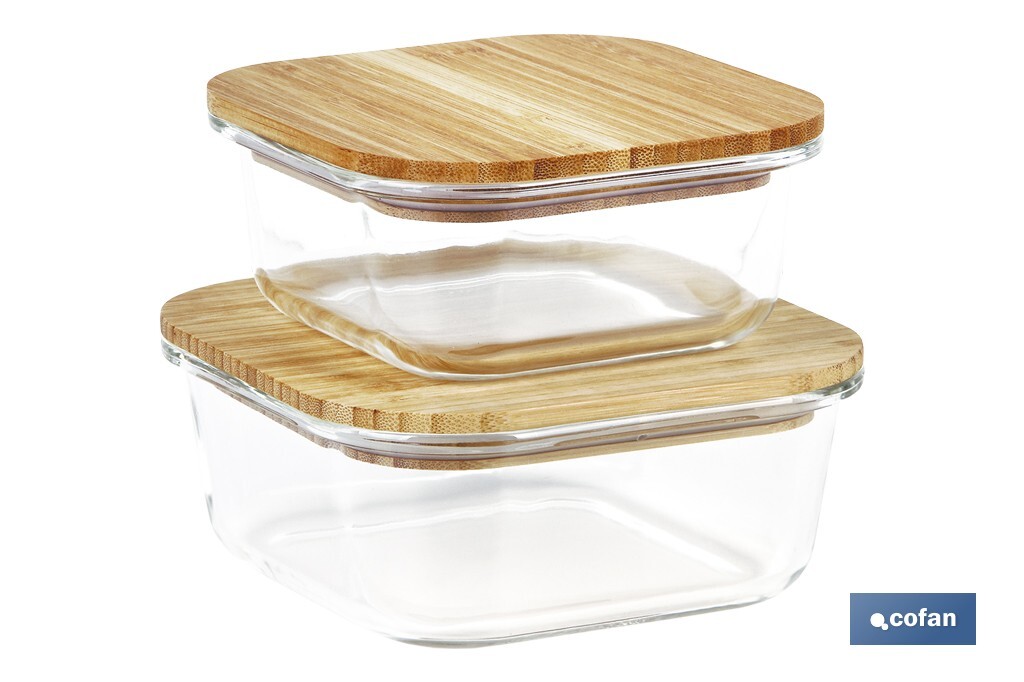 Set de 2 Fiambreras Cuadradas de Borosilicato | Modelo Bambú | Tapa de Bambú | Capacidad 520-800 ml