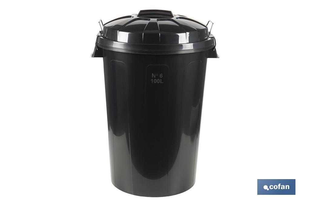 Cubo de basura con tapa y asas metálicas | Capacidad: 100 litros | Material: polipropileno | Color: negro