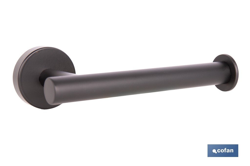 Portarrollos negro mate | Material: acero inoxidable | Diseño redondo | Kit de fijación incluido | Medidas: 16,5 x 8 x 5 cm