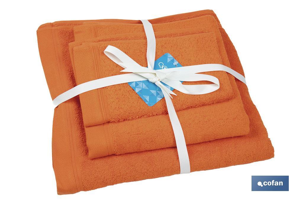 Juego de 3 toallas en color naranja (orange) con 580 gr/m2 | Gama Amanecer | Set de toallas 100% algodón