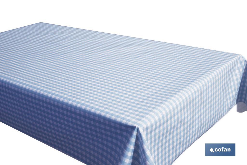 Mantel antimanchas | Diseño en cuadros vichy azules | Materiales: vinilo y poliéster | Impermeable | Fácil de limpiar | Disponi