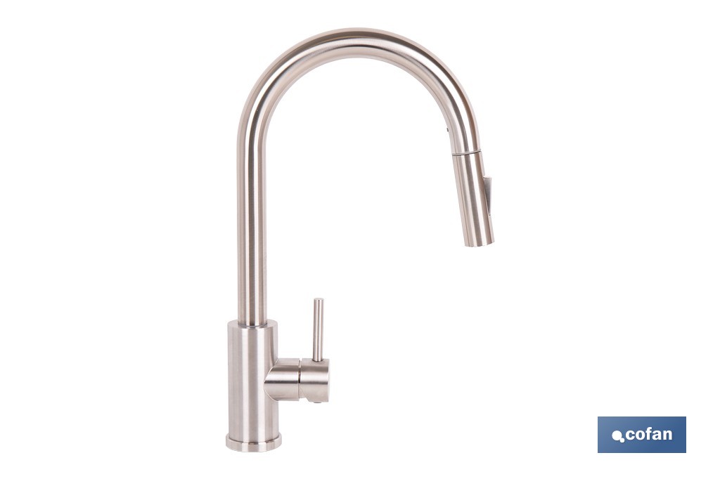 Grifo de cocina extensible giratorio 360° | Material: acero inoxidable 304 | Rociador con 2 funciones | Cartucho cerámico de Ø3