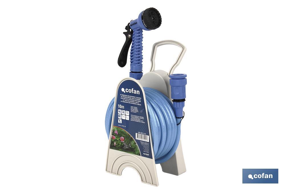 Kit de Manguera de 10 metros + Accesorios | Diámetro 9,5 mm | Ligera y Compacta | Uso Doméstico y de Jardín | Fácil Conexión y 